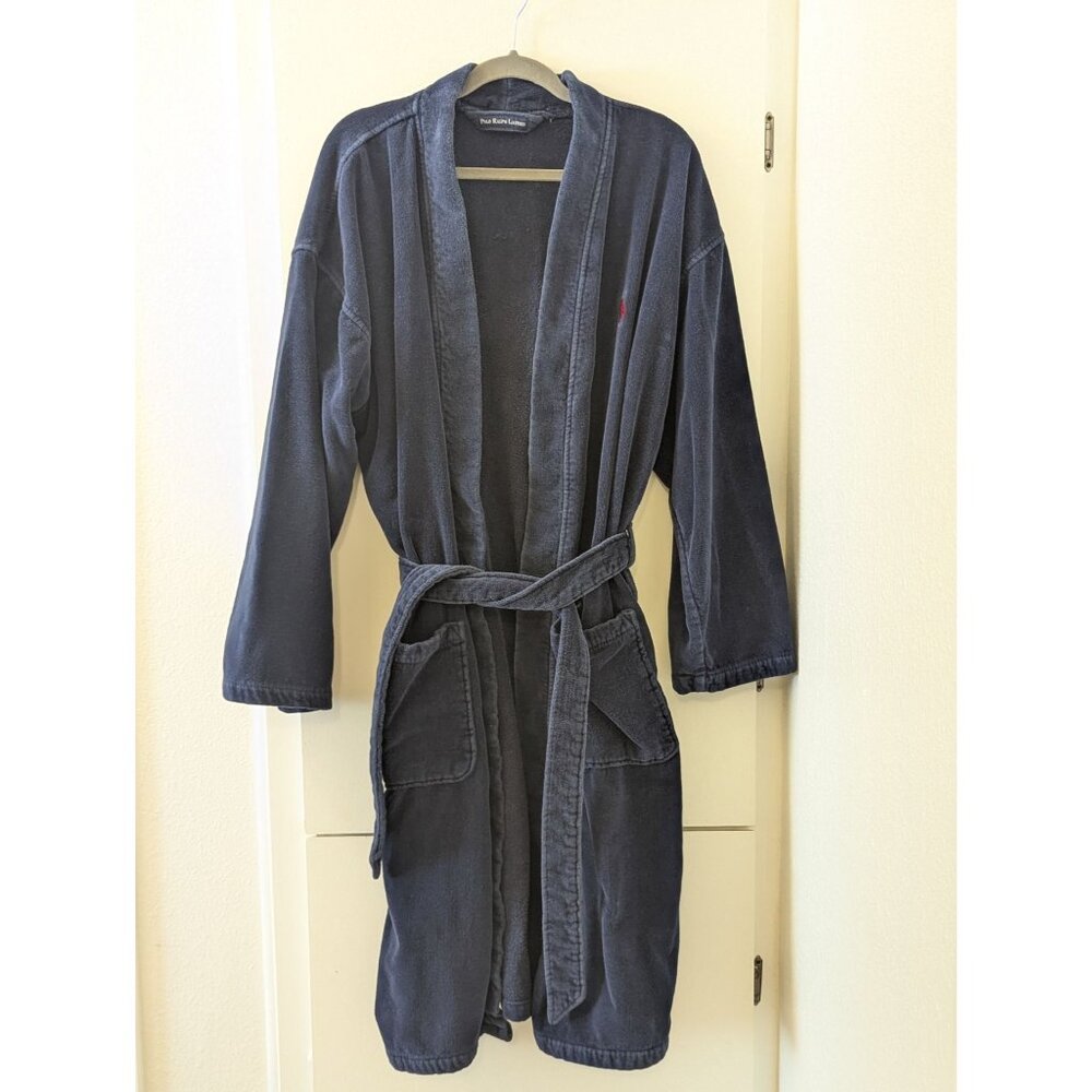 Polo Ralph Lauren Navy Blue Terry Cloth Bathrobe With Red Logo Embroidery & Belt